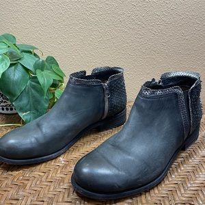 Felmini Gray Leather Perforated Trim Snakeskin Side Zip Block Heel Ankle